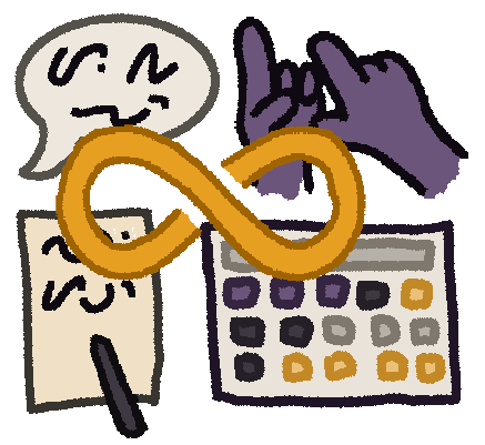 a drawing of 4 modes of communication with a gold infinity symbol over them. In the top left corner is a speech bubble with gibberish text, in the top right is two purple hands signing something nonspecific, in the bottom left is a paper and pen with gibberish text and in the bottom right is an AAC device with buttons in yellow, purple and greys